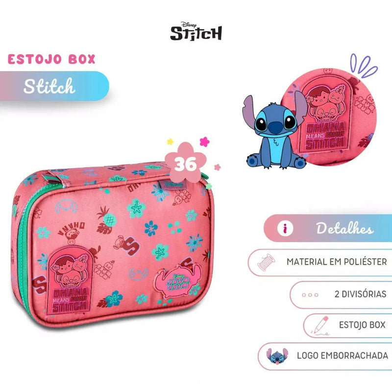 Estojo Box Stitch Disney Azul Lilás Rosa Juvenil Escolar Feminino Meninas Clio Megalomania