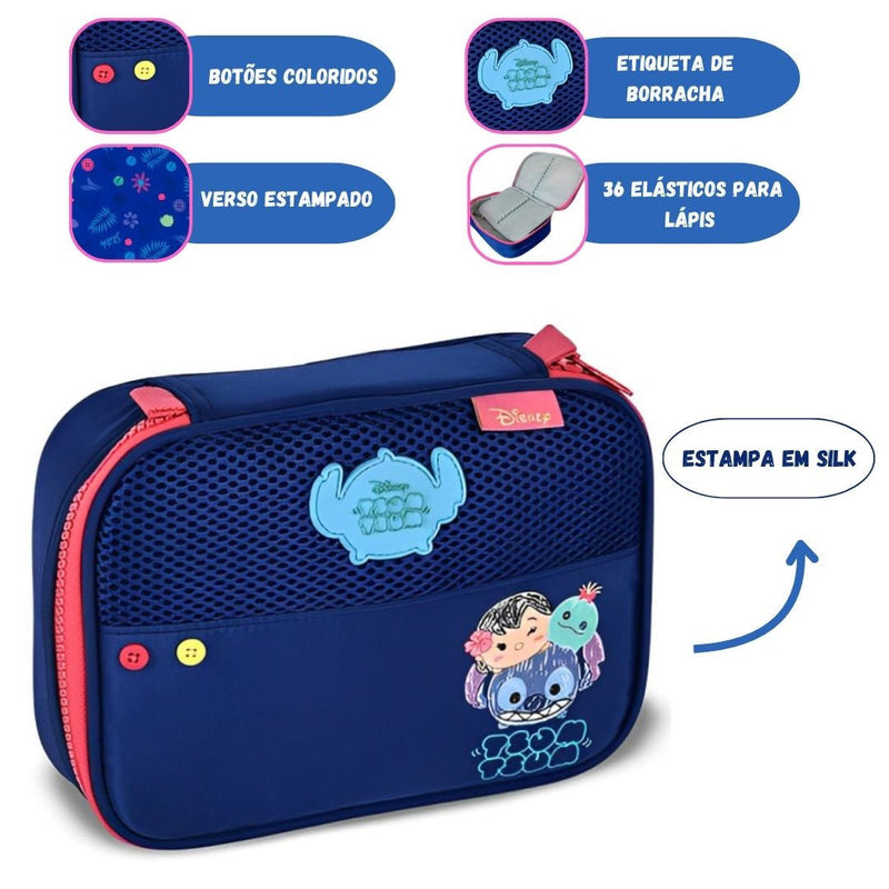 Estojo Simples Box Tsum Tsum Stitch Disney Escolar Original 36 Elastico 100 Pens Megalomania