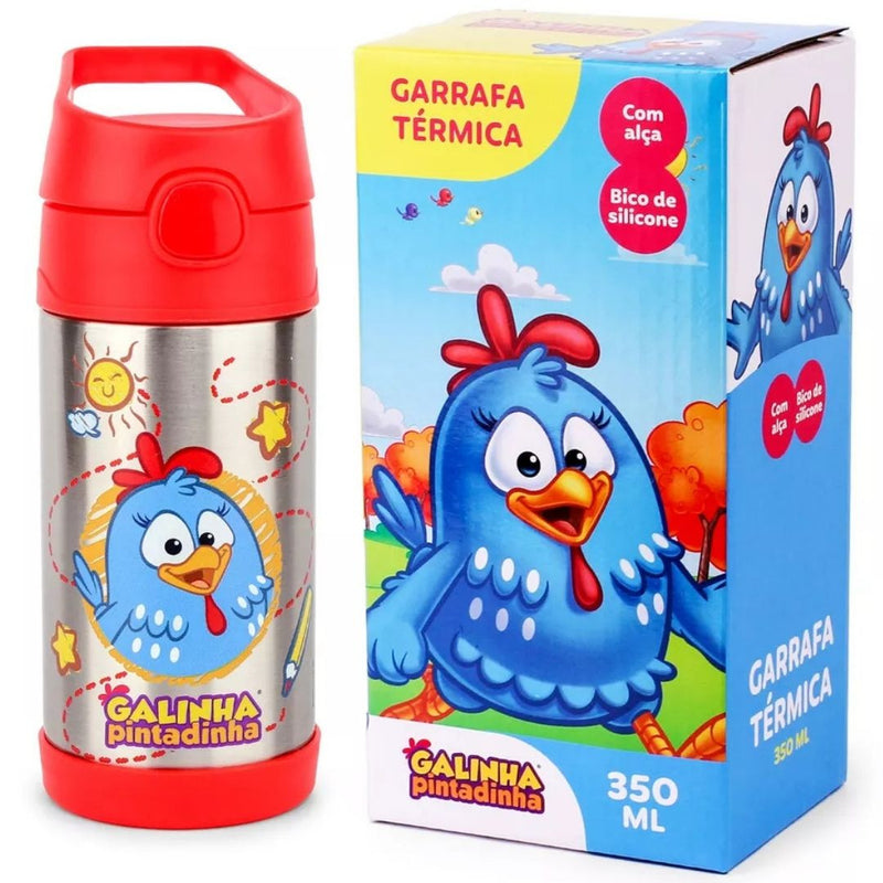 Garrafa Térmica Galinha Pintadinha Escolar Vermelha Inox Infantil 350ml Passeio Viagem Criança