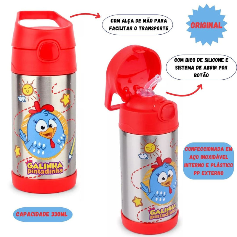 Garrafa Térmica Galinha Pintadinha Escolar Vermelha Inox Infantil 350ml Passeio Viagem Criança