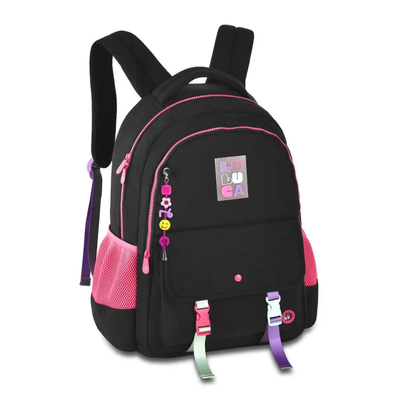 Kit Mochila Costas Preta Luluca Estojo Box Escolar Juvenil Feminino Meninas Chaveiro Clio Megalomania