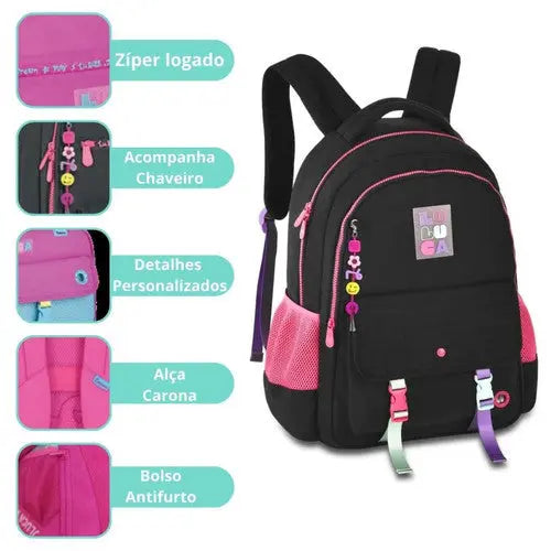 Kit Mochila Costas Preta Luluca Estojo Box Escolar Juvenil Feminino Meninas Chaveiro Clio Megalomania