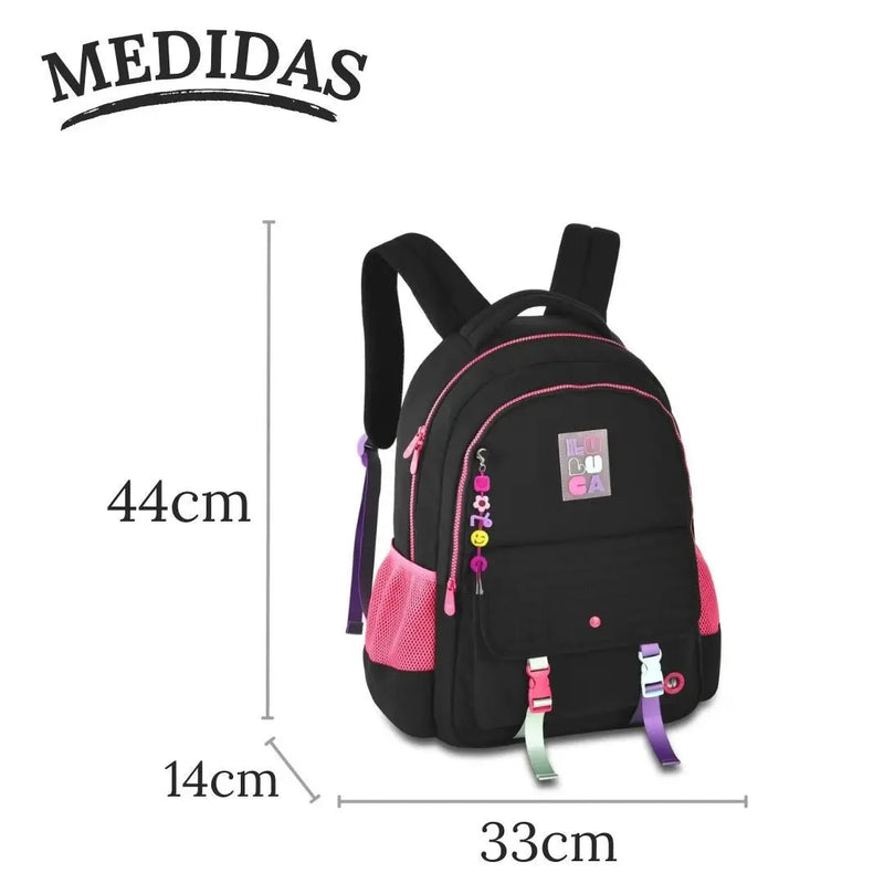 Kit Mochila Costas Preta Luluca Estojo Box Escolar Juvenil Feminino Meninas Chaveiro Clio Megalomania
