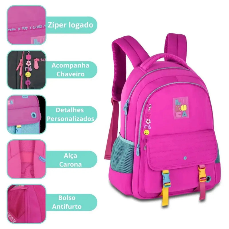 Kit Mochila Costas Rosa Luluca Estojo Box Escolar Juvenil Meninas Feminino Chaveiro Clio Megalomania