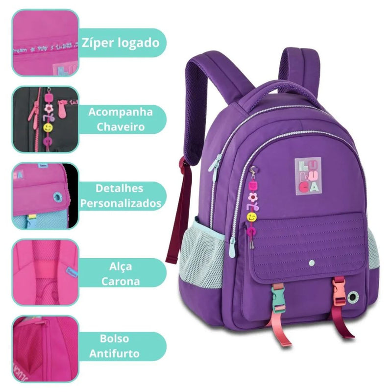Kit Mochila Costas Luluca Lilás Estojo Box Juvenil Escolar Meninas Feminino Clio