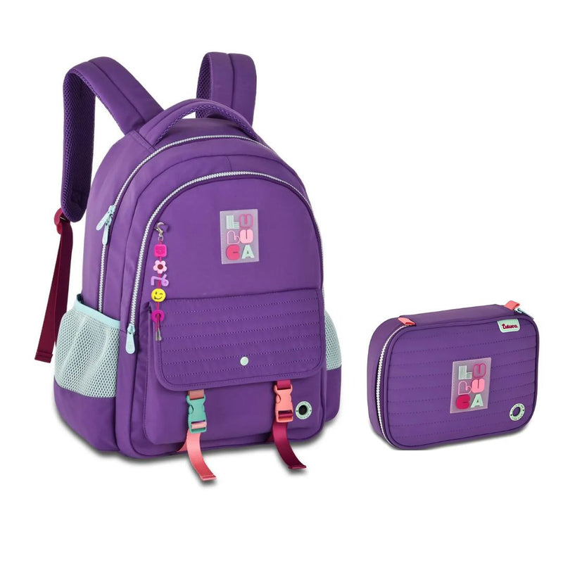 Kit Mochila Costas Luluca Lilás Estojo Box Juvenil Escolar Meninas Feminino Clio