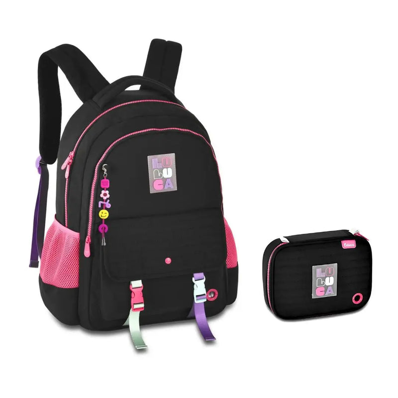 Kit Mochila Costas Preta Luluca Estojo Box Escolar Juvenil Feminino Meninas Chaveiro Clio Megalomania