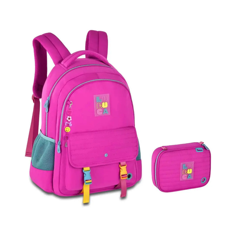 Kit Mochila Costas Rosa Luluca Estojo Box Escolar Juvenil Meninas Feminino Chaveiro Clio Megalomania