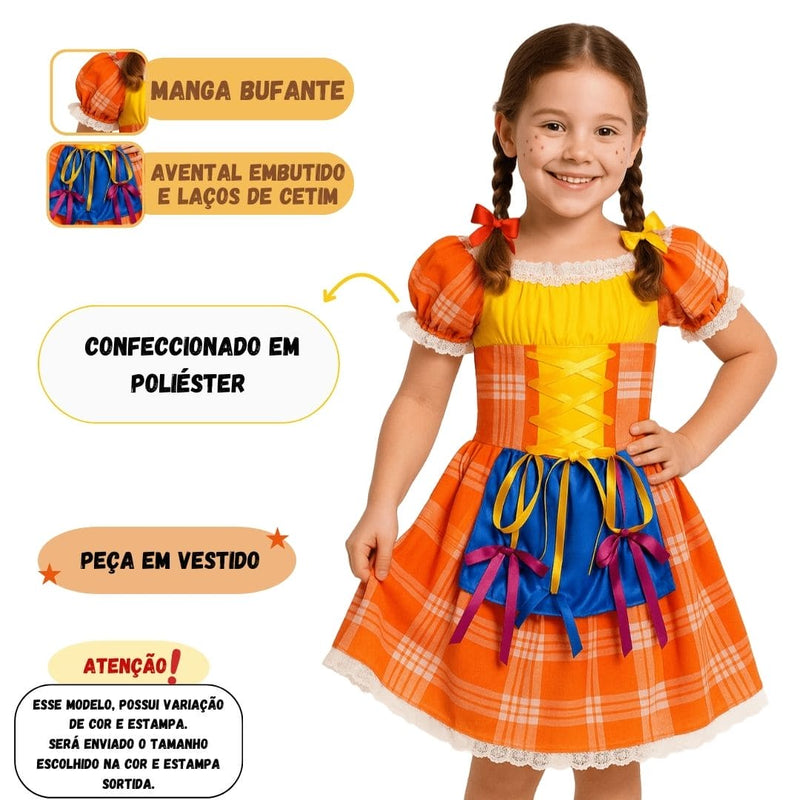 Vestido Fantasia Junina Julina Festa Infantil Manga Curta Menina Megalomania