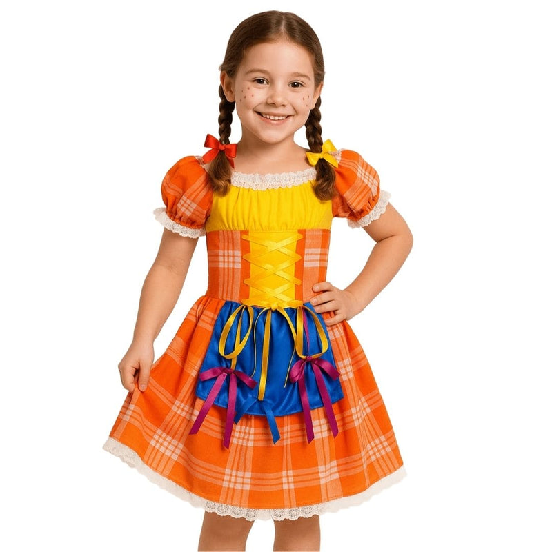 Vestido Fantasia Junina Julina Festa Infantil Manga Curta Menina Megalomania