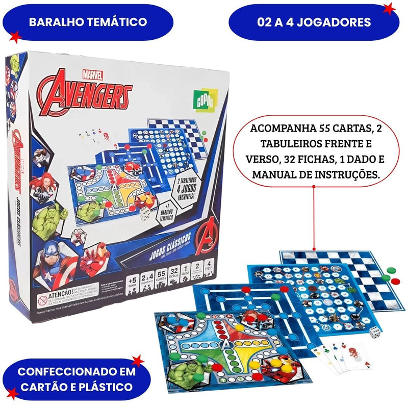 Jogos Clássicos Marvel Vingadores Avengers Original Trilha Sobe e Desce Ludo Dama Juvenil Adulto Ponto Criativo