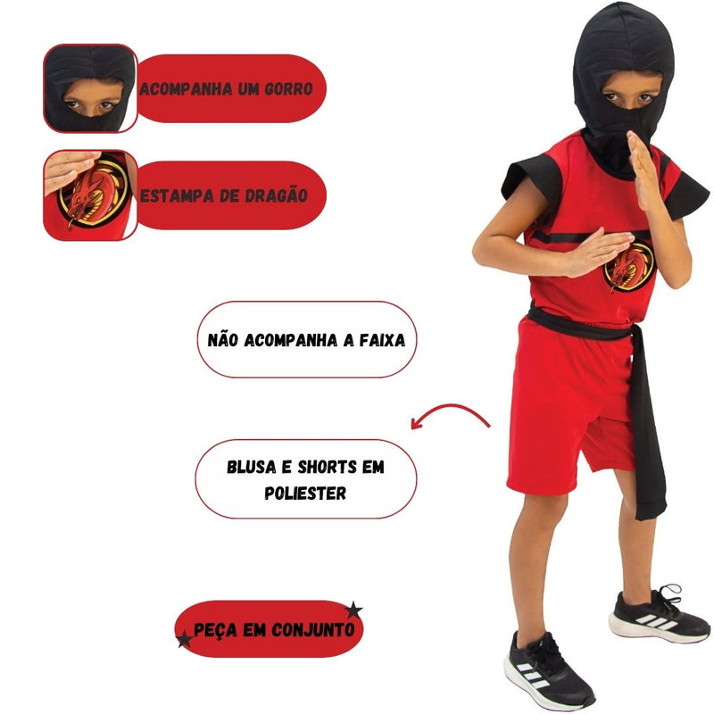 Fantasia Infantil Ninja Menino Vermelho Festa Luta Completa Disfarce Espião Criança Ponto Criativo