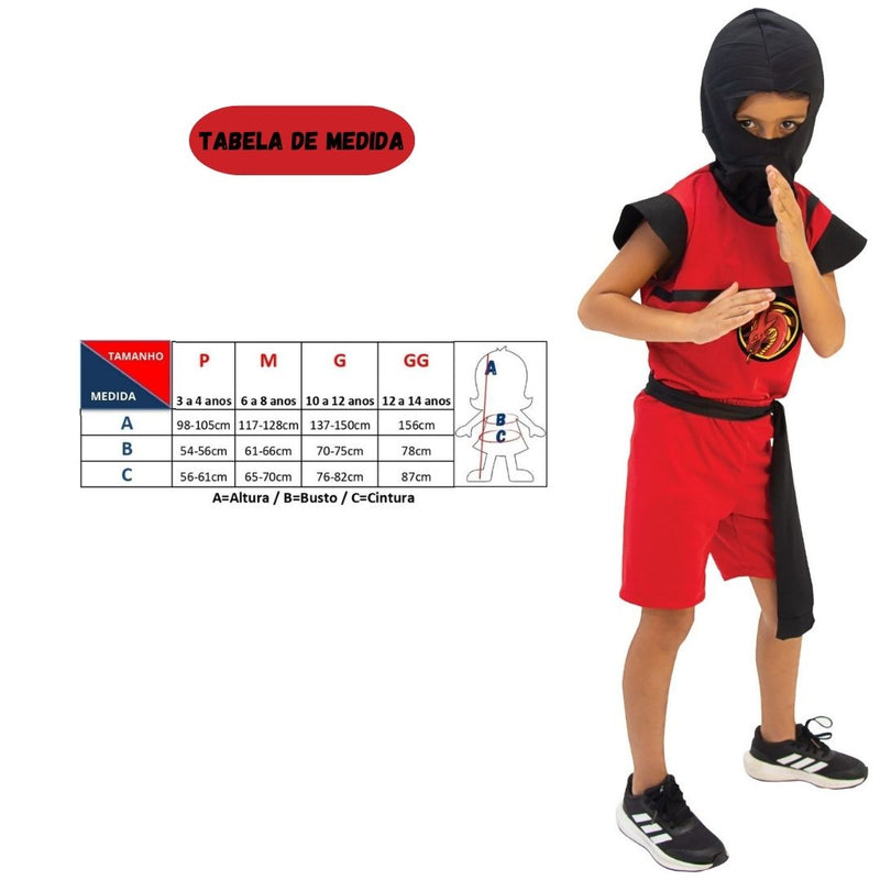 Fantasia Infantil Ninja Menino Vermelho Festa Luta Completa Disfarce Espião Criança Ponto Criativo