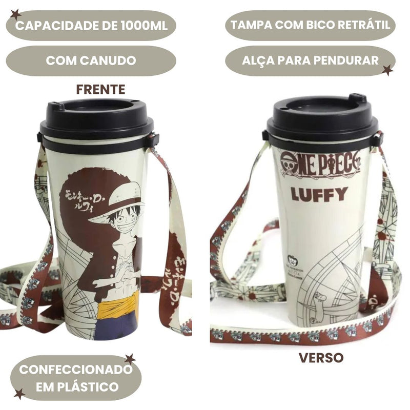 Copo Com Cordão Canudo 1000ML One Piece Luffy Bússola Passeio Nerd Anime Geek Pirata Presente Megalomania