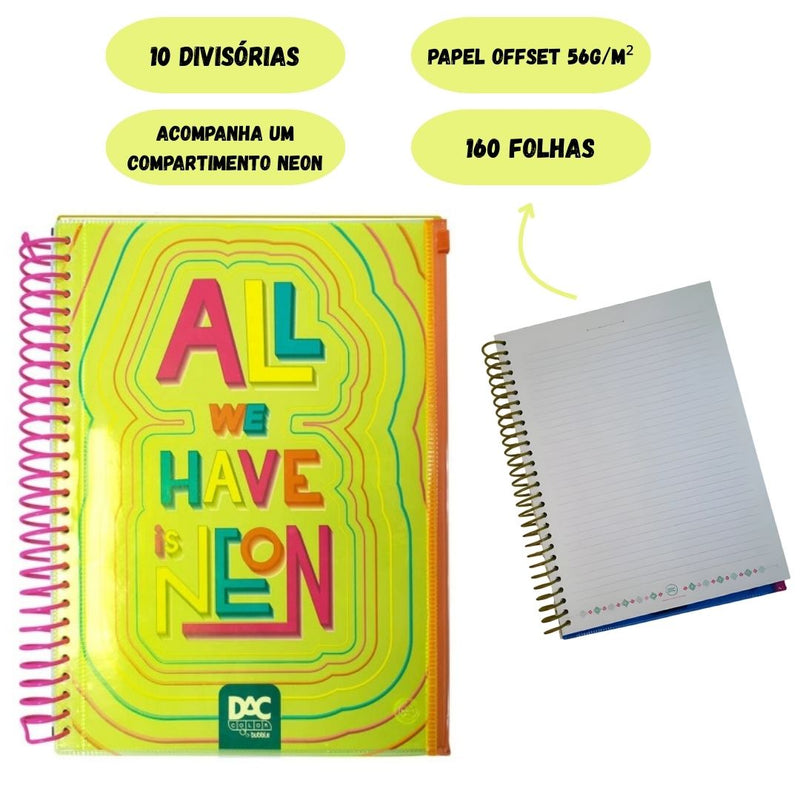 Caderno Universitário A4 160 Folhas Amarelo Bubble Neon Malote Zip Volta as Aulas Espiral Juvenil