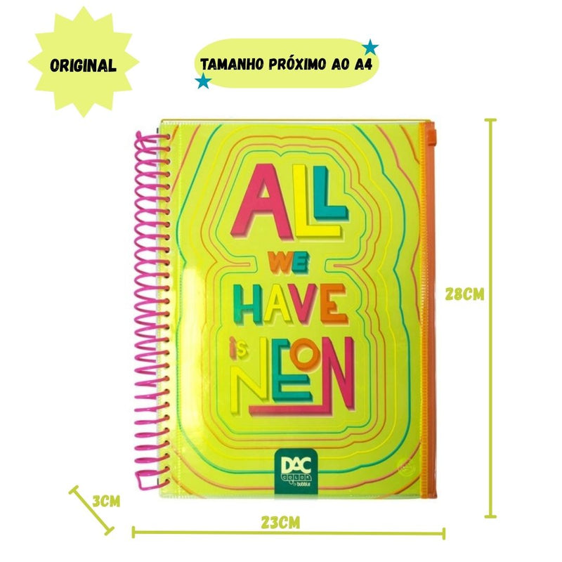 Caderno Universitário A4 160 Folhas Amarelo Bubble Neon Malote Zip Volta as Aulas Espiral Juvenil