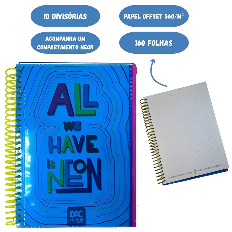 Caderno Universitário A4 160 Folhas Azul Bubble Neon Com Malote Zip Volta as Aulas Espiral Juvenil