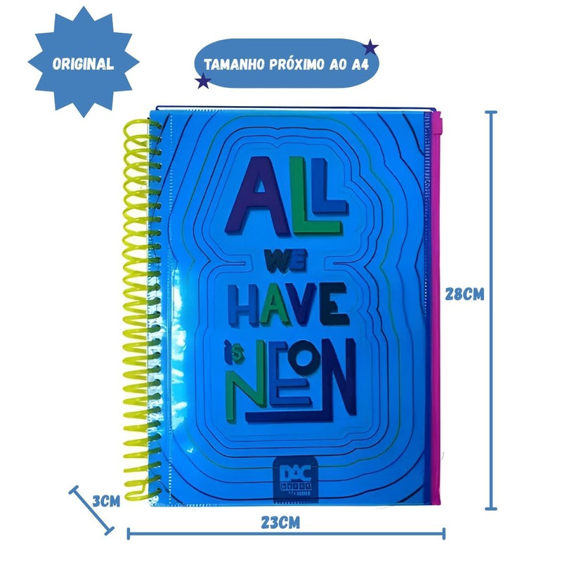 Caderno Universitário A4 160 Folhas Azul Bubble Neon Com Malote Zip Volta as Aulas Espiral Juvenil