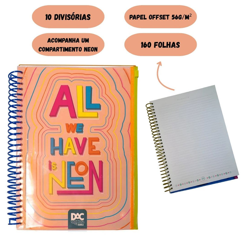 Caderno Universitário A4 160 Folhas Lanranja Bubble Neon Com Malote Zip Volta as Aulas Espiral Juvenil