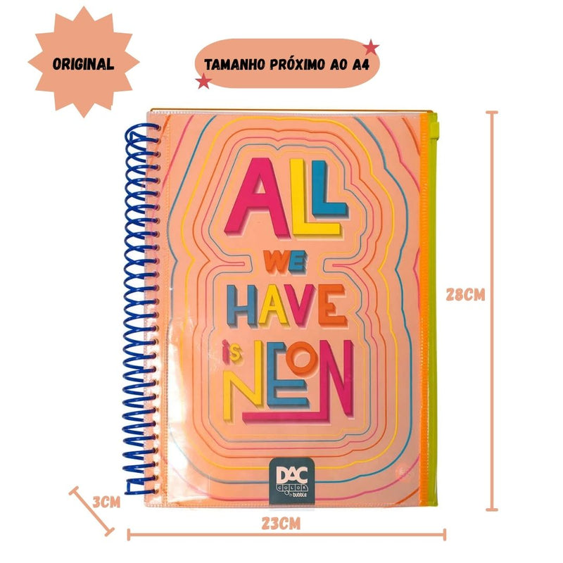 Caderno Universitário A4 160 Folhas Lanranja Bubble Neon Com Malote Zip Volta as Aulas Espiral Juvenil