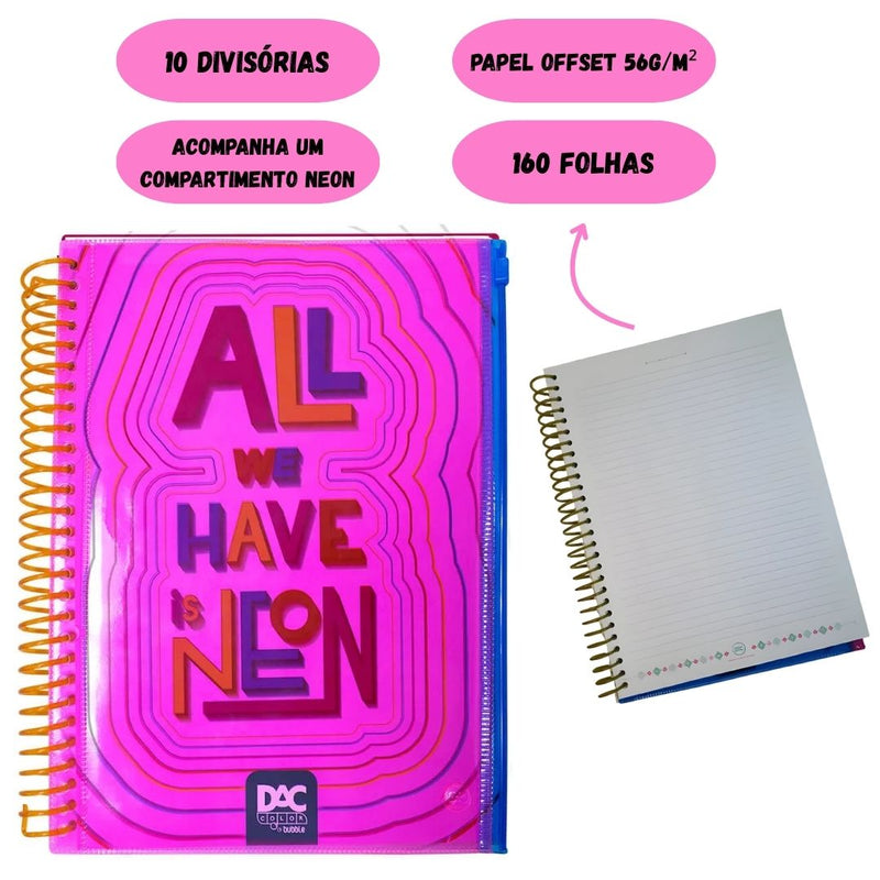 Caderno Universitário A4 160 Folhas Rosa Bubble Neon Com Malote Zip Volta as Aulas Espiral Juvenil