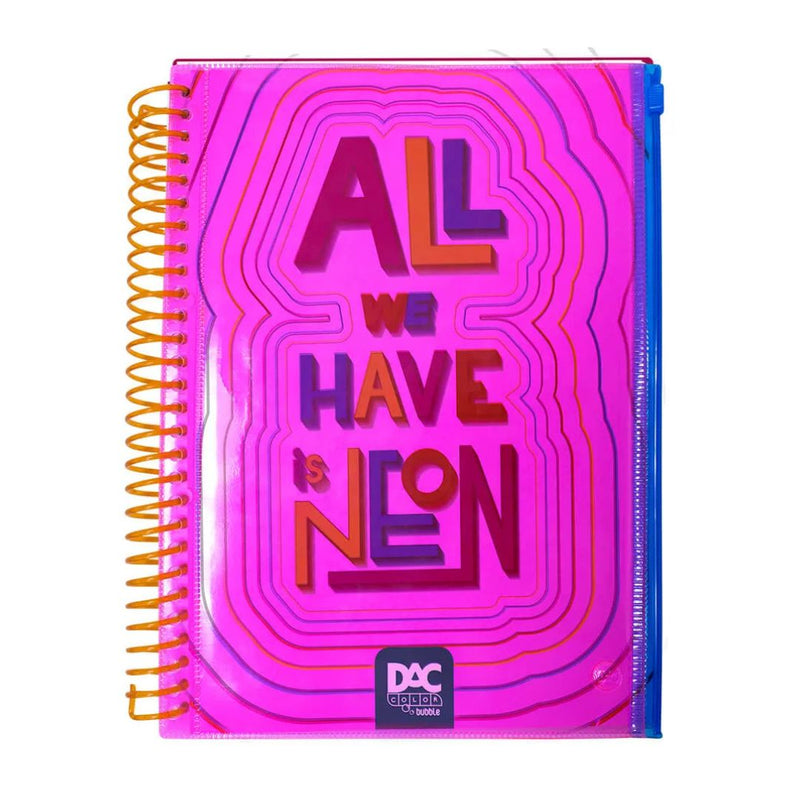 Caderno Universitário A4 160 Folhas Rosa Bubble Neon Com Malote Zip Volta as Aulas Espiral Juvenil