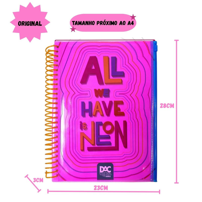 Caderno Universitário A4 160 Folhas Rosa Bubble Neon Com Malote Zip Volta as Aulas Espiral Juvenil