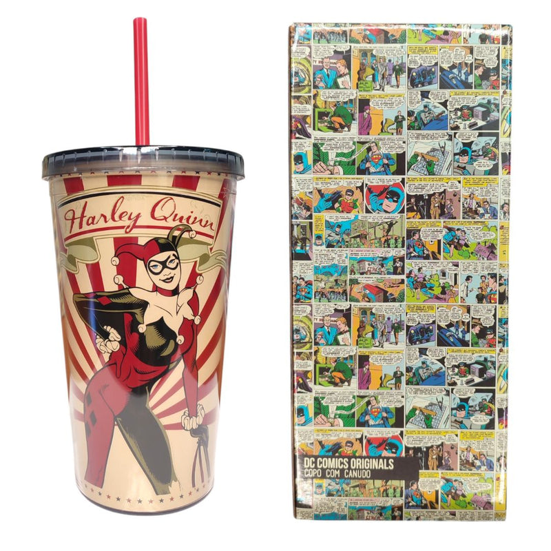 Copo Plastico Tampa Canudo Arlequina Listras DC Comics Geek Harley Quinn divertido Estampado Vintage Megalomania