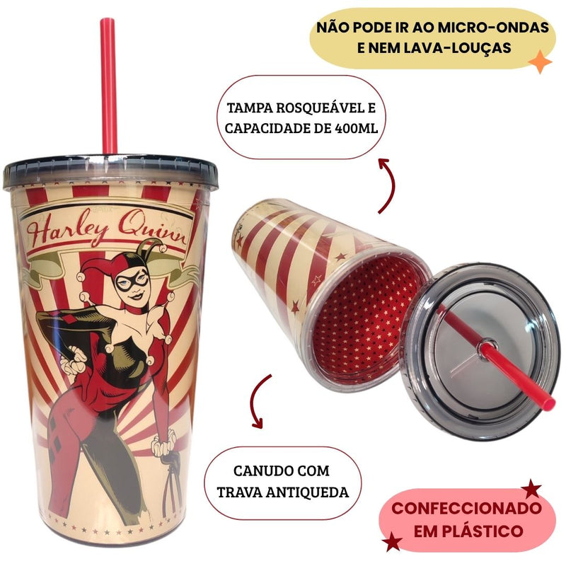 Copo Plastico Tampa Canudo Arlequina Listras DC Comics Geek Harley Quinn divertido Estampado Vintage Megalomania