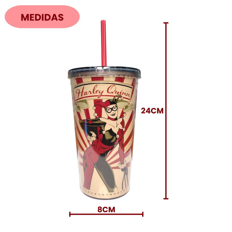 Copo Plastico Tampa Canudo Arlequina Listras DC Comics Geek Harley Quinn divertido Estampado Vintage Megalomania