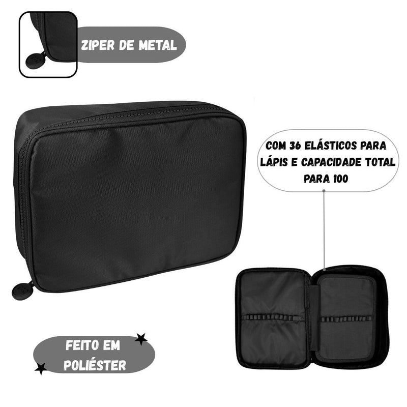 Estojo Box Preto Grande Escolar 36 Elásticos 100 Pens Organização Volta Aulas Colegial Ponto Criativo