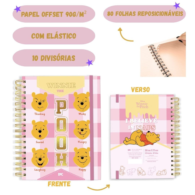 Caderno Universitário Smart Ursinho Pooh A4 80 Folhas Escolar Disney Volta Aulas Elástico Ponto Criativo
