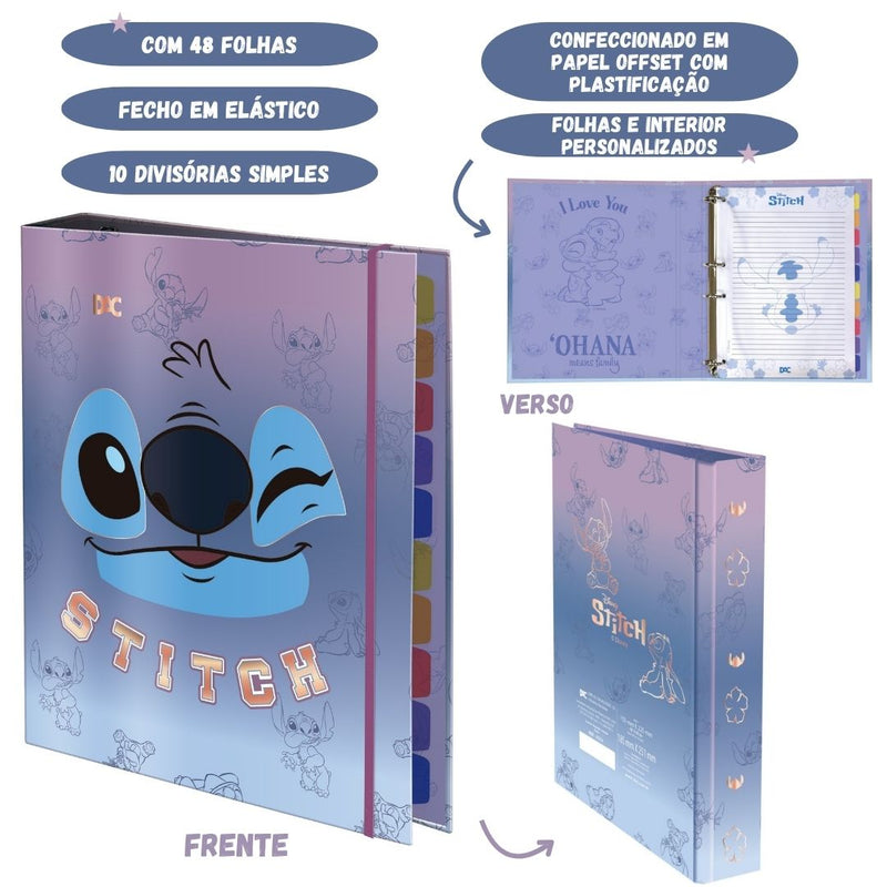 Fichário Caderno Argolado Colegial Stitch 80 Folhas Escolar Disney Capa Dura Ponto Criativo