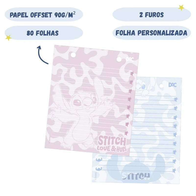 Refil Mini Fichário Stitch A6 2 Furos 80 Folhas Escolar Organização Volta Aulas Disney Ponto Criativo