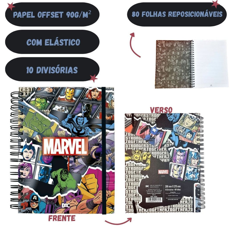 Caderno Universitário Smart Marvel A4 80 Folhas 10 Divisórias Elástico Volta as Aulas Ponto Criativo