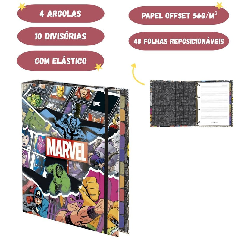 Caderno Argolado Universitário A4 48 Folhas Elástico 10 Divisórias Marvel Escolar Volta Aulas Ponto Criativo