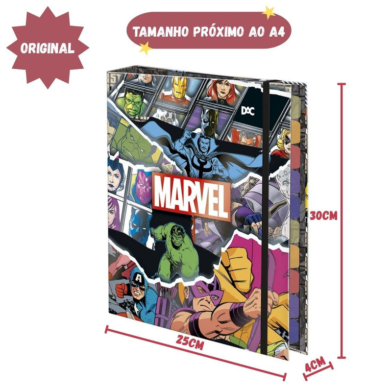 Caderno Argolado Universitário A4 48 Folhas Elástico 10 Divisórias Marvel Escolar Volta Aulas Ponto Criativo