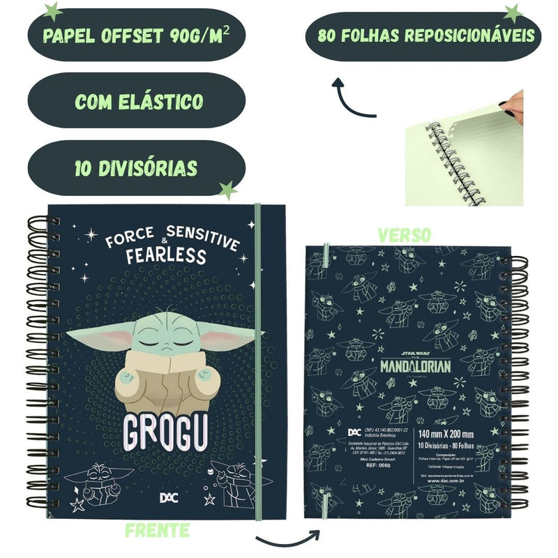 Caderno Smart Mini Star Wars Baby Yoda A6 80 Folhas Escolar Elástico 10 Divisórias Volta as Aulas