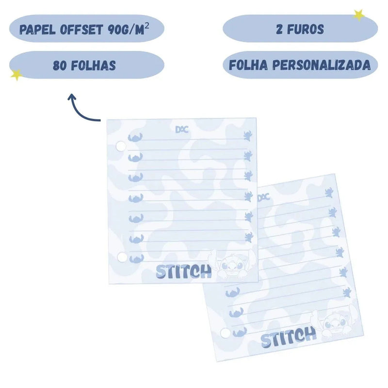 Refil Mini Fichário Stitch A6 80 Folhas 02 Furos Disney Volta as Aulas Escolar Colegial Estudo Ponto Criativo