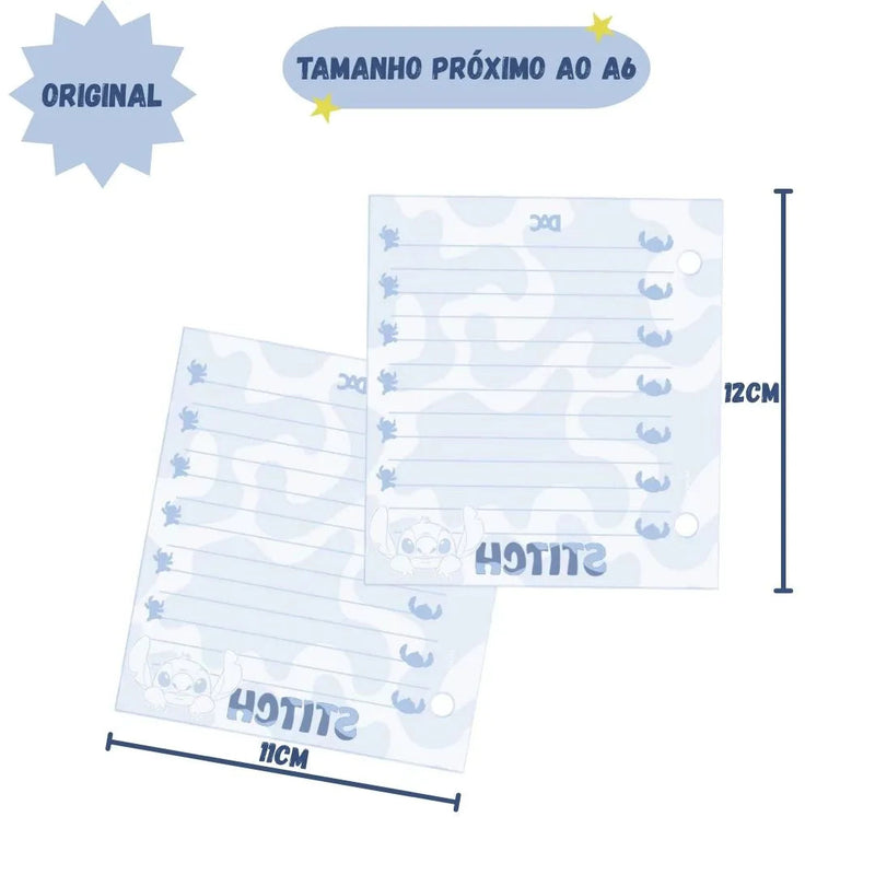 Refil Mini Fichário Stitch A6 80 Folhas 02 Furos Disney Volta as Aulas Escolar Colegial Estudo Ponto Criativo