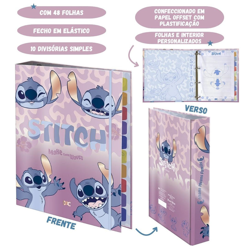 Caderno Argolado Stitch Universitário A4 48 Folhas Elástico 10 Divisórias Escolar Volta as Aulas Ponto Criativo