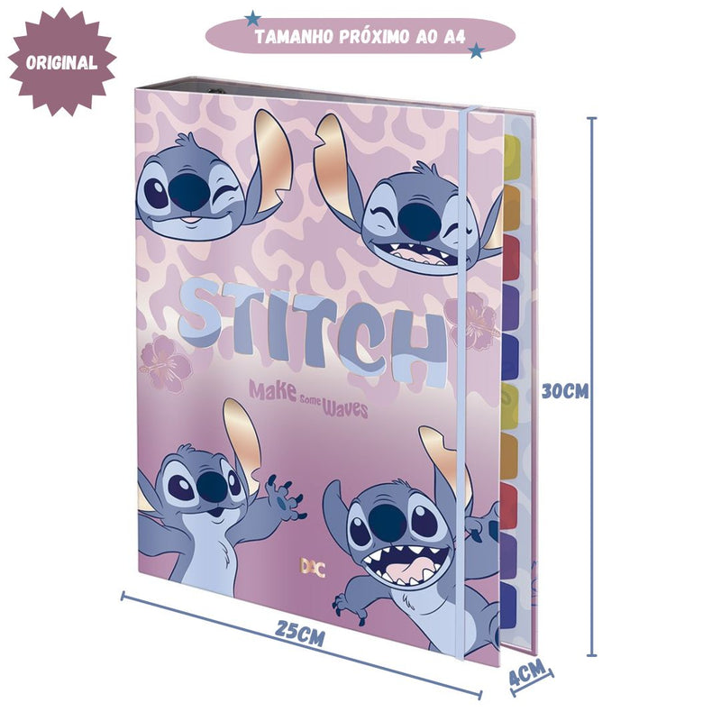 Caderno Argolado Stitch Universitário A4 48 Folhas Elástico 10 Divisórias Escolar Volta as Aulas Ponto Criativo