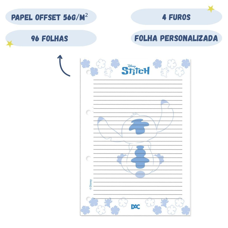 Refil Fichário Universitário Stitch A7 4 Furos 96 Folhas Escolar Volta as Aulas Disney DAC Ponto Criativo