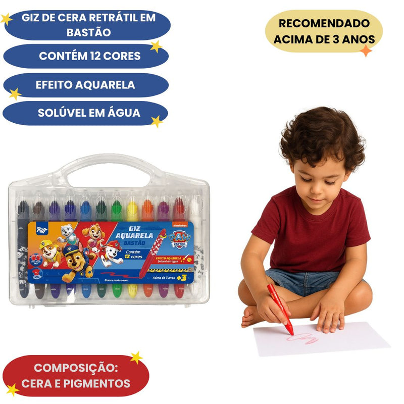 Giz Aquarela Retrato 12 Cores Patrulha Canina Personalizado Personagem DAC Infantil Escolar Desenho