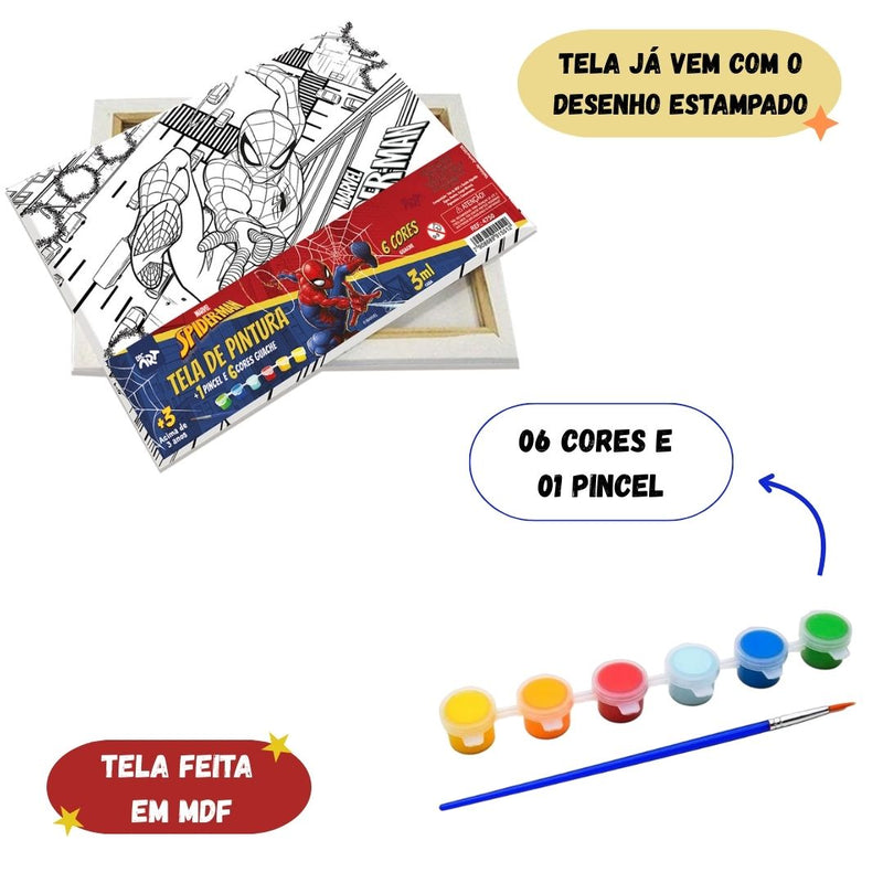 KIT Tela Pintura Pincel 6 Tintas Guache Homem Aranha Personalizado Infantil Meninos Escolar DAC Ponto Criativo
