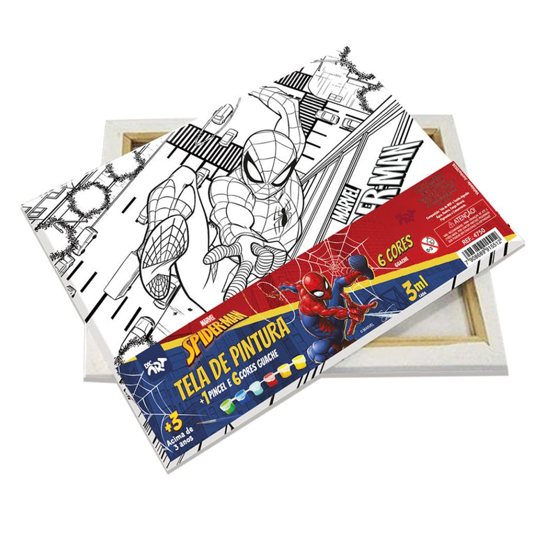 KIT Tela Pintura Pincel 6 Tintas Guache Homem Aranha Personalizado Infantil Meninos Escolar DAC Ponto Criativo