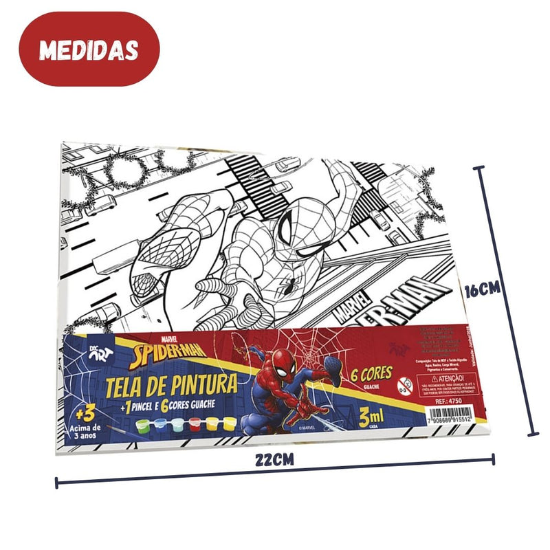 KIT Tela Pintura Pincel 6 Tintas Guache Homem Aranha Personalizado Infantil Meninos Escolar DAC Ponto Criativo