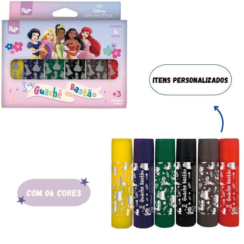 Tinta Guache Bastão 6 Cores Princesas Disney Pintura Desenho Infantil Escolar Arte Pintura DAC Ponto Criativo
