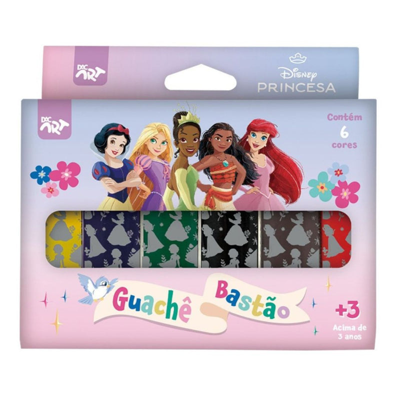 Tinta Guache Bastão 6 Cores Princesas Disney Pintura Desenho Infantil Escolar Arte Pintura DAC Ponto Criativo