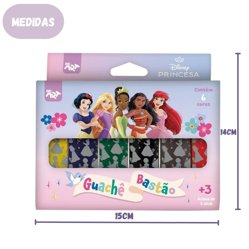 Tinta Guache Bastão 6 Cores Princesas Disney Pintura Desenho Infantil Escolar Arte Pintura DAC Ponto Criativo